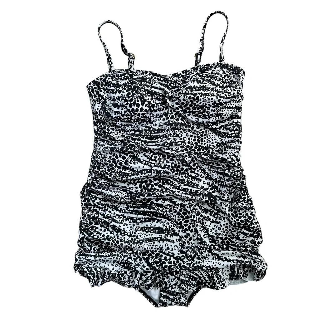 KIM GRAVEL Women’s Skirted 1- Pc. Swimsuit‎ Blk/Wt Leopard Print Ruching Bra 14